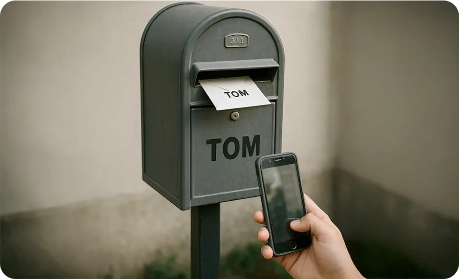 Photo of a mailbox labeled 'TOM' with a person taking a picture as proof of document delivery