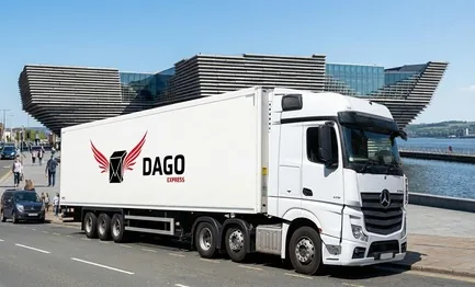 DAGO Express courier service truck in front of V and A Dundee and the RRS Discovery in Dundee