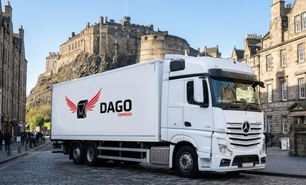 DAGO Express courier service truck in front of Edinburgh Castle in Edinburgh
