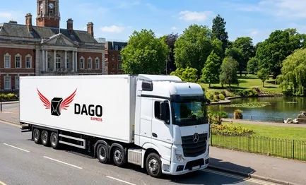 DAGO Express courier service truck in front of Luton Town Hall in St Georges Square in Luton