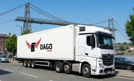DAGO Express courier service truck in front of Newport Transporter Bridge over the River Usk in Newport