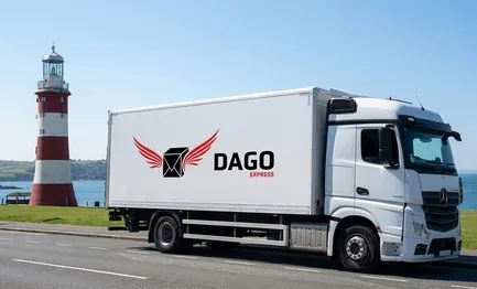 DAGO Express courier service truck in front of Smeatons Tower Lighthouse in Plymouth