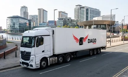 DAGO Express courier service truck in front of Salford Quays and MediaCityUK in Salford