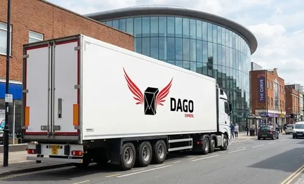 DAGO Express courier service truck in front of St Marys Church and the High Street in Slough in Slough