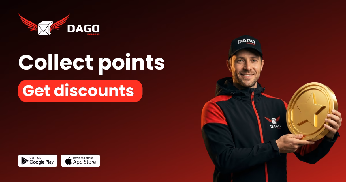 DAGO Express driver in black-and-red uniform and cap proudly holding the golden bonus coin with star – the new DAGO Express Loyalty Program: collect points, get discounts.