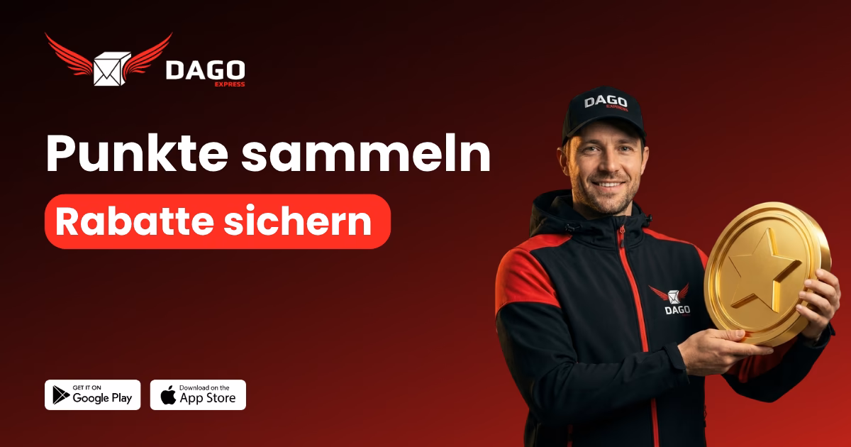 DAGO Express Fahrer in schwarz-roter Firmenjacke und Cap hält stolz die goldene Bonus-Münze mit Stern – das neue DAGO Express Treueprogramm: Punkte sammeln, Rabatte sichern.