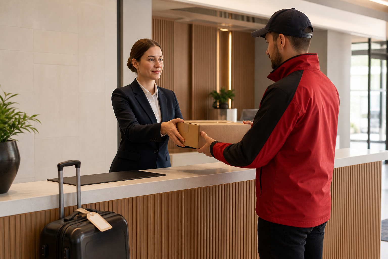 Hotelrezeption übergibt vergessene Gegenstände eines Gastes an einen Direktkurier